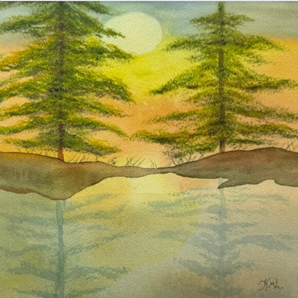 Painting Watercolor Sunset Trees Lake Landscape Green Blue11x14 and Mat 16x20 - Picture 3 of 3